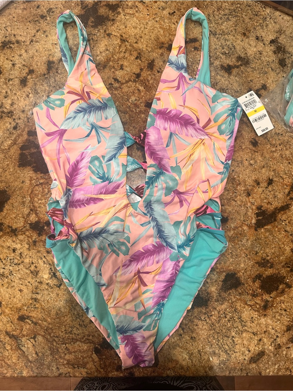 Bar III Pink Tropical Leaf One-Piece Swimsuit with Teal Accents